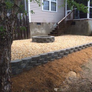 A fire pit in the backyard of a house