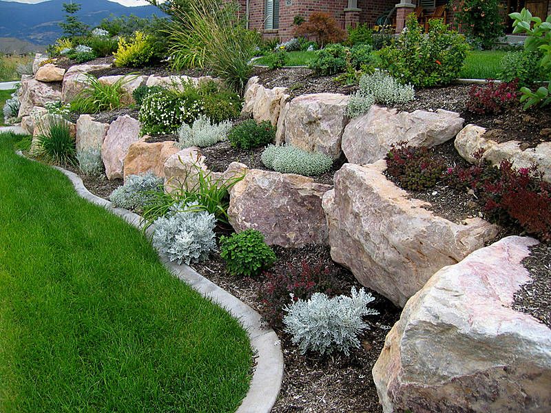 A garden with rocks and plants in front of a house.