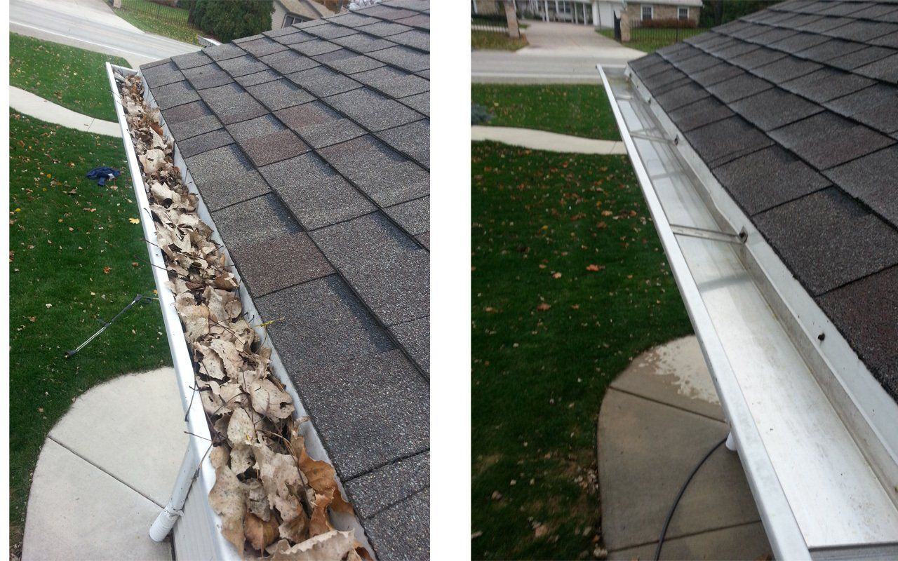 A before and after picture of a gutter with leaves on it.