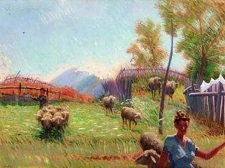 Pecore al pascolo - Dipinto di Valentino Ghiglia