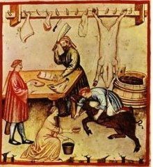 Rappresentazione di una bottega di un macellaio - Dipinto medievale