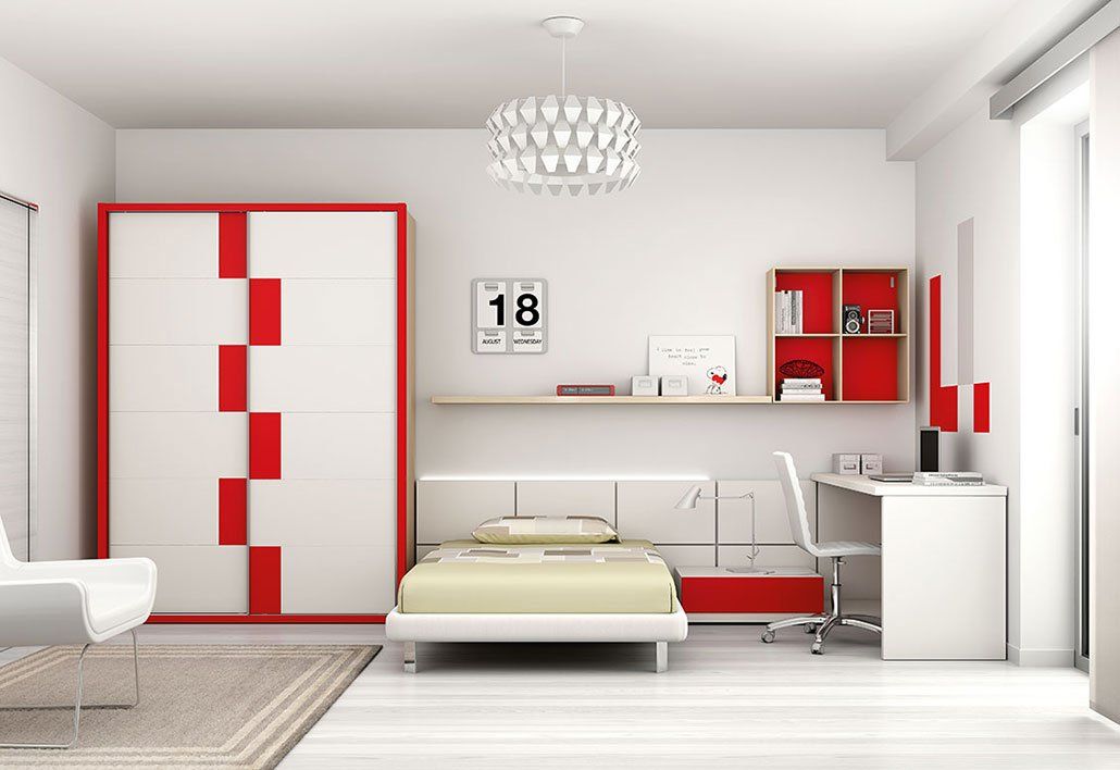 Camera da letto con arredi bianchi e rossi