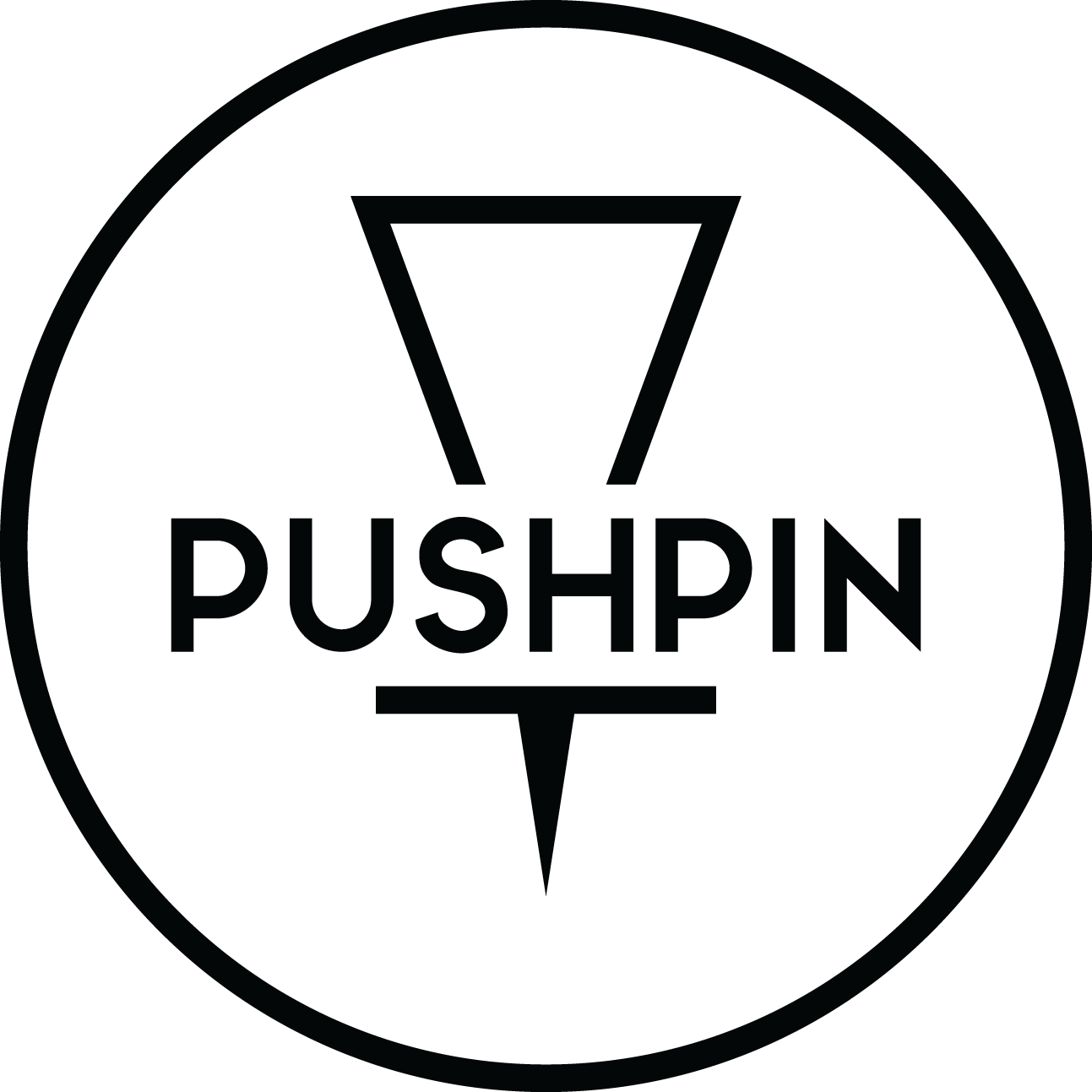 Black and white logo of a black pushpin in a circle with the word Pushpin in the middle