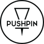 Black and white logo of a black pushpin in a circle with the word Pushpin in the middle