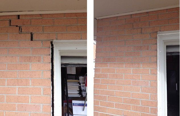 Side-by-side wall comparison showing cracked brick near a doorway on the left and repaired brick on the right Side-by-side wall comparison showing cracked brick near a doorway on the left and repaired brick on the right