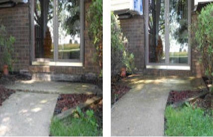 Side-by-side view of a house entrance walkway before and after repair, with a smoother concrete path and greenery. Side-by-side view of a house entrance walkway before and after repair, with a smoother concrete path and greenery.