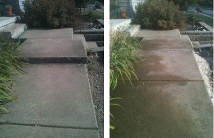 Sidewalk before-and-after: cracked concrete path repaired to a smoother surface beside plants. Sidewalk before-and-after: cracked concrete path repaired to a smoother surface beside plants.