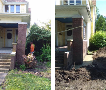 Front porch of a brick house, with a before-and-after yard cleanup showing overgrown and cleared landscaping.