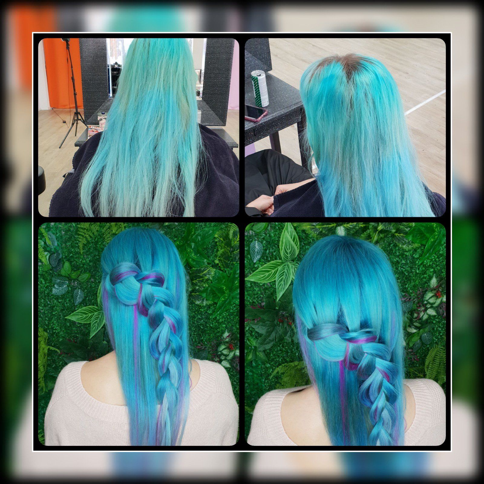 Eine Frau mit blauen Haaren hat eine geflochtene Frisur