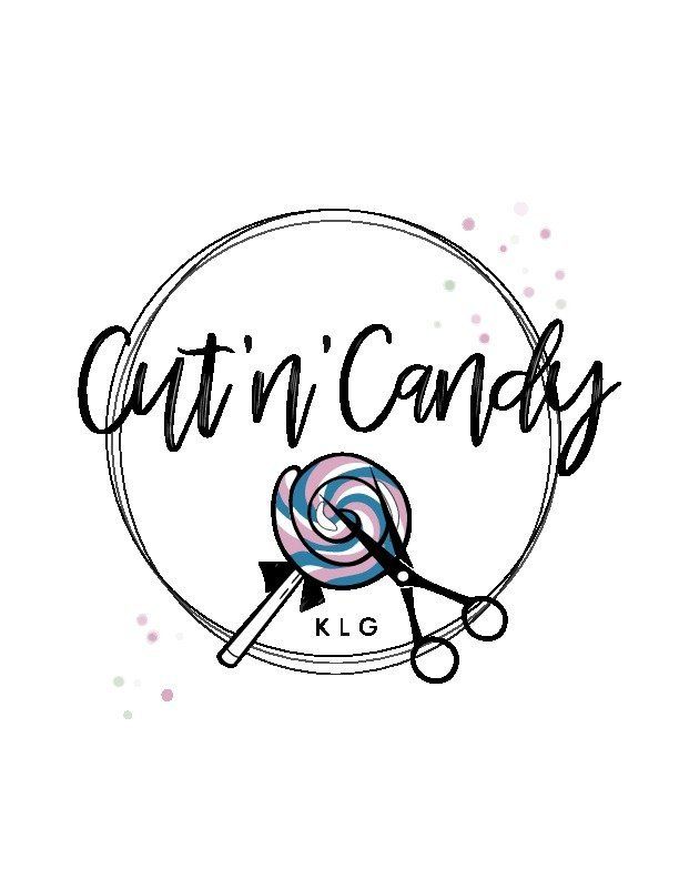 Ein Logo für einen Friseursalon mit einem Lutscher und einer Schere.