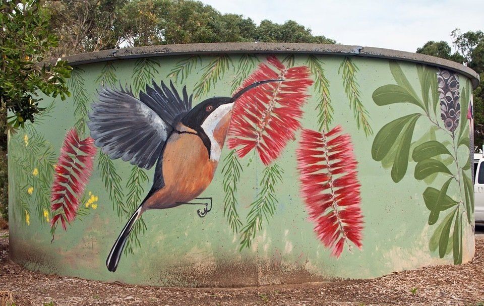Victorian Water Tower Art, Australian Silo Art Trail, Victorian painted water tanks, Venus Bay Water Tank art