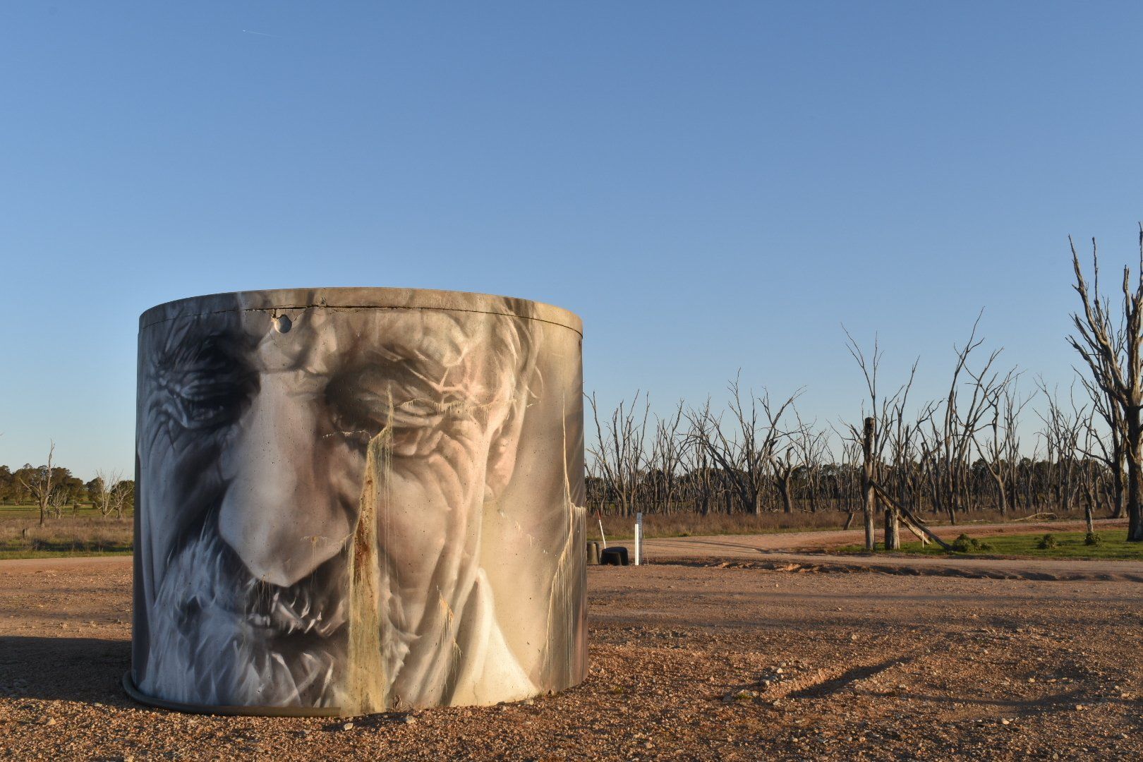 Winton Wetlands Water Tank Art, Australian Silo Art Trail, Guido van Helten