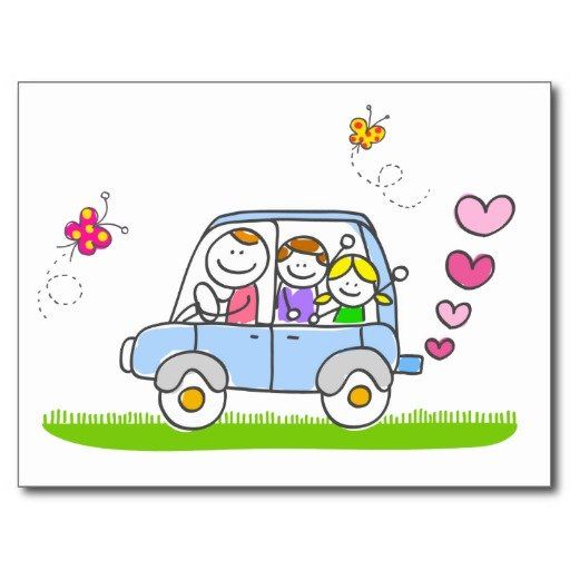 Una caricatura de una familia en un auto con corazones saliendo de él.