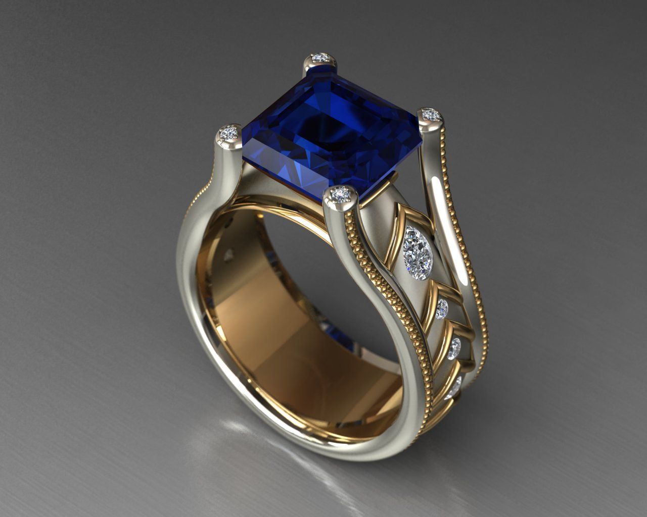 Diamond ring with a large, square blue gemstone, gold and silver bands, and small side diamonds.