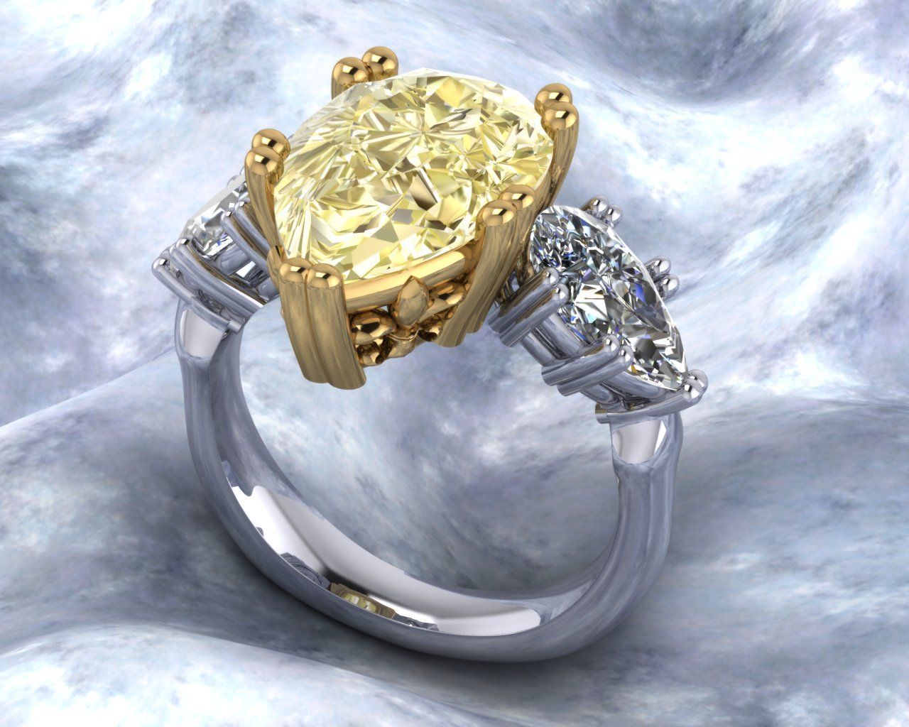 Yellow diamond ring, oval center stone in gold setting, flanked by white side stones, silver band.