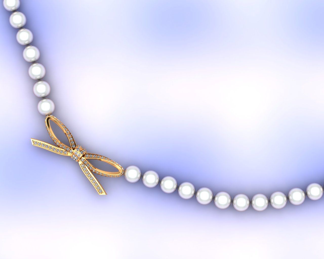 Pearl necklace with gold bow, sparkling with small stones, on a blue-white gradient background.