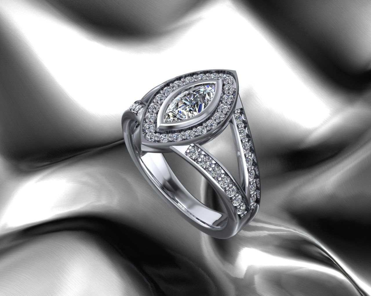 Diamond engagement ring with a marquise-cut center stone, set on a reflective silver background.