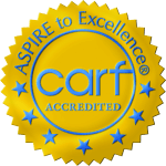 A seal that says aspire to excellence carf accredited