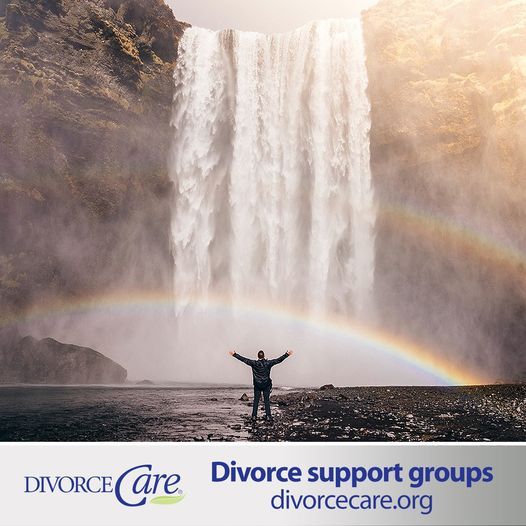 Person standing with arms raised before a waterfall and rainbow, with “Divorce support groups” text below