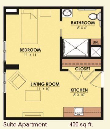 Floor plan of a 400 sq. ft. suite apartment featuring a bedroom, living room, kitchen, and bathroom.