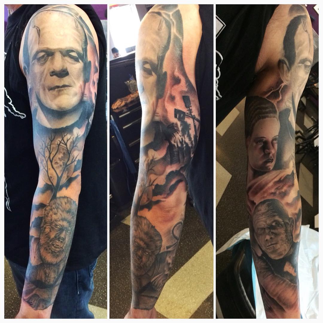 Horror Classics Sleeve Tattoo by Chad Lavers at Crimson Empire Tattoo in Edmonton Alberta Canada