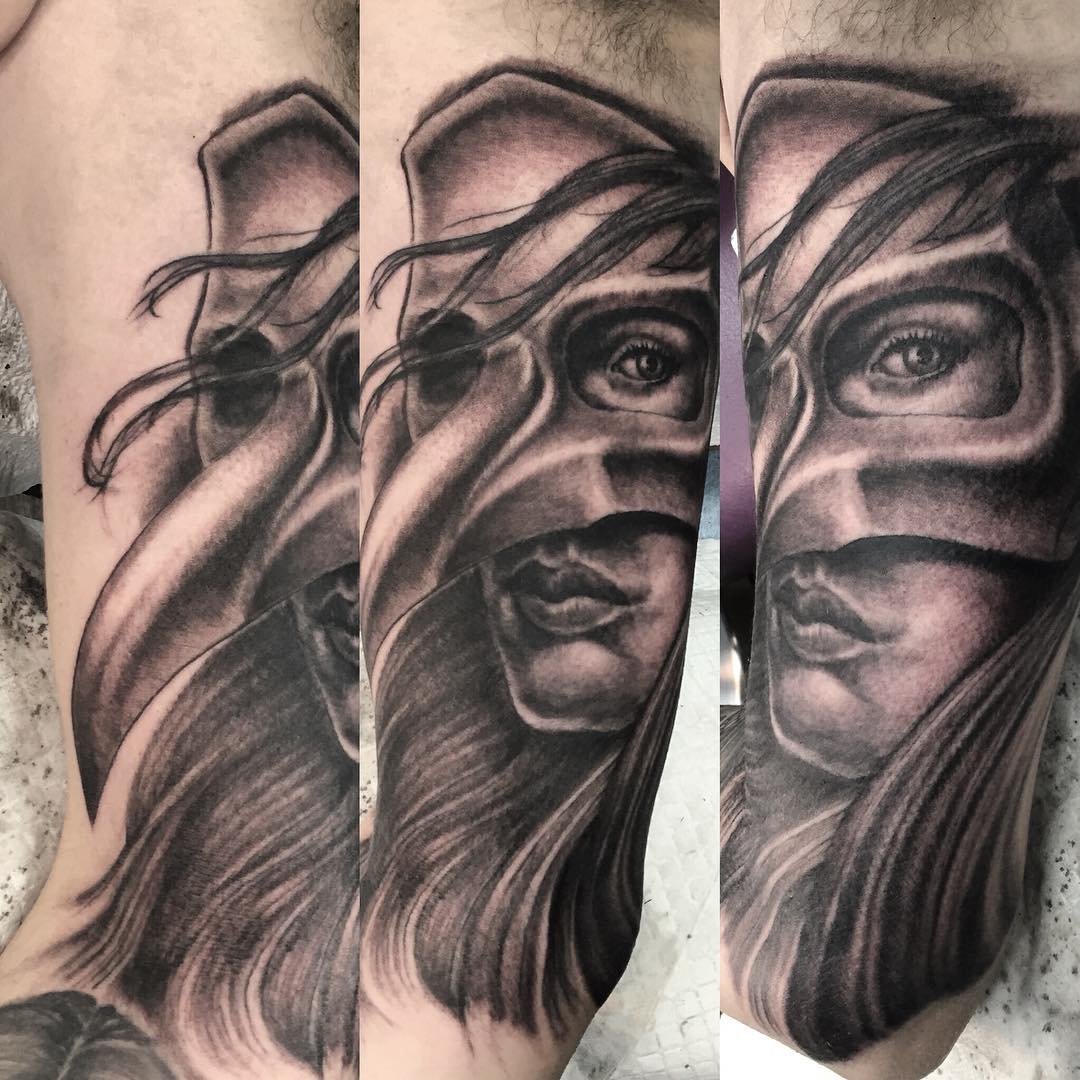 Plague Doctor Tattoo by Steve Hayes at Black Gold Tattoo Co in Edmonton Alberta Canada