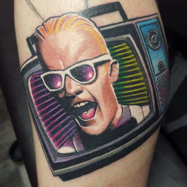 Max Headroom Tattoo by Chris Labrenz at Black Gold Tattoo Co in Edmonton Alberta Canada