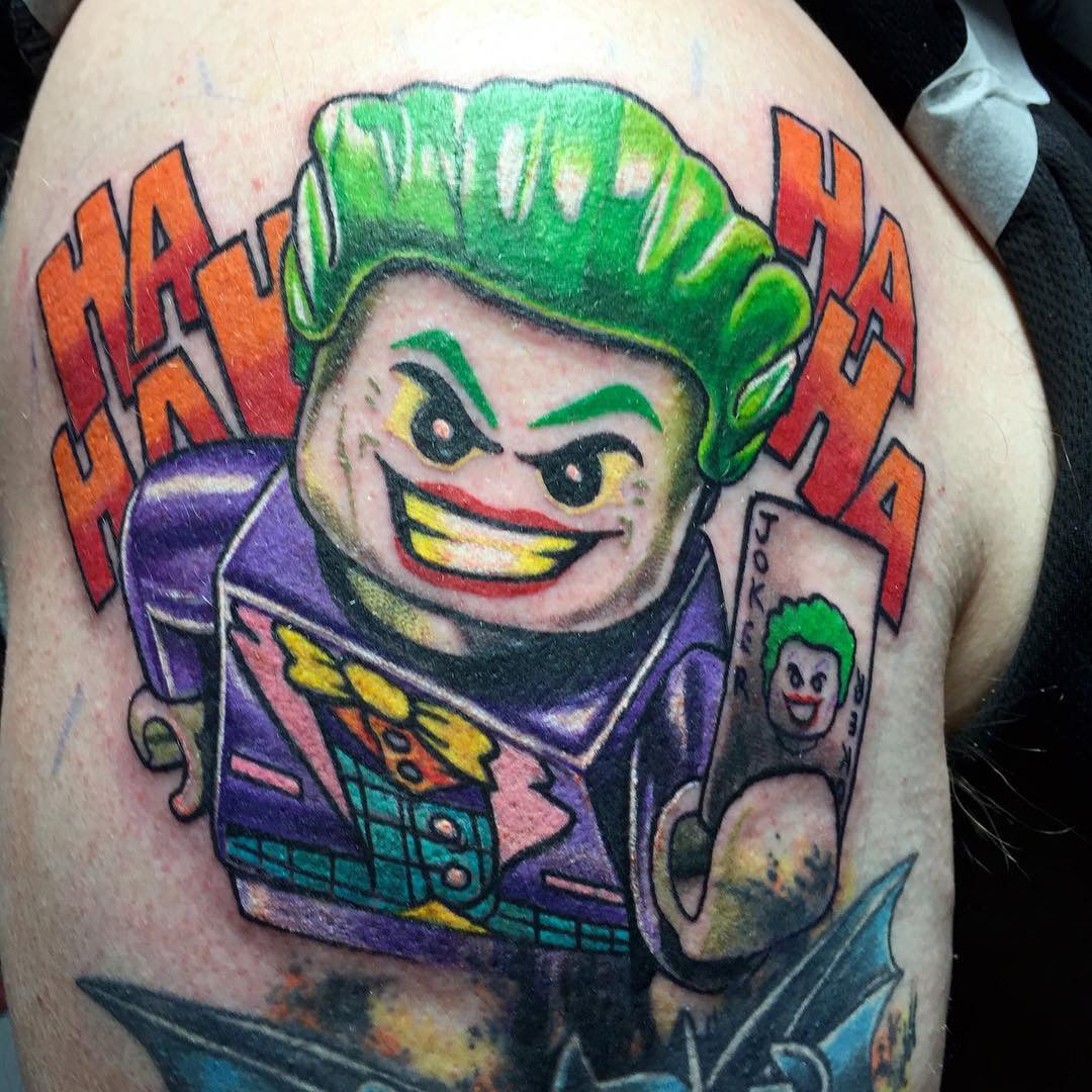 Lego Joker Tattoo by Chris Labrenz at Black Gold Tattoo Co in Edmonton Alberta Canada