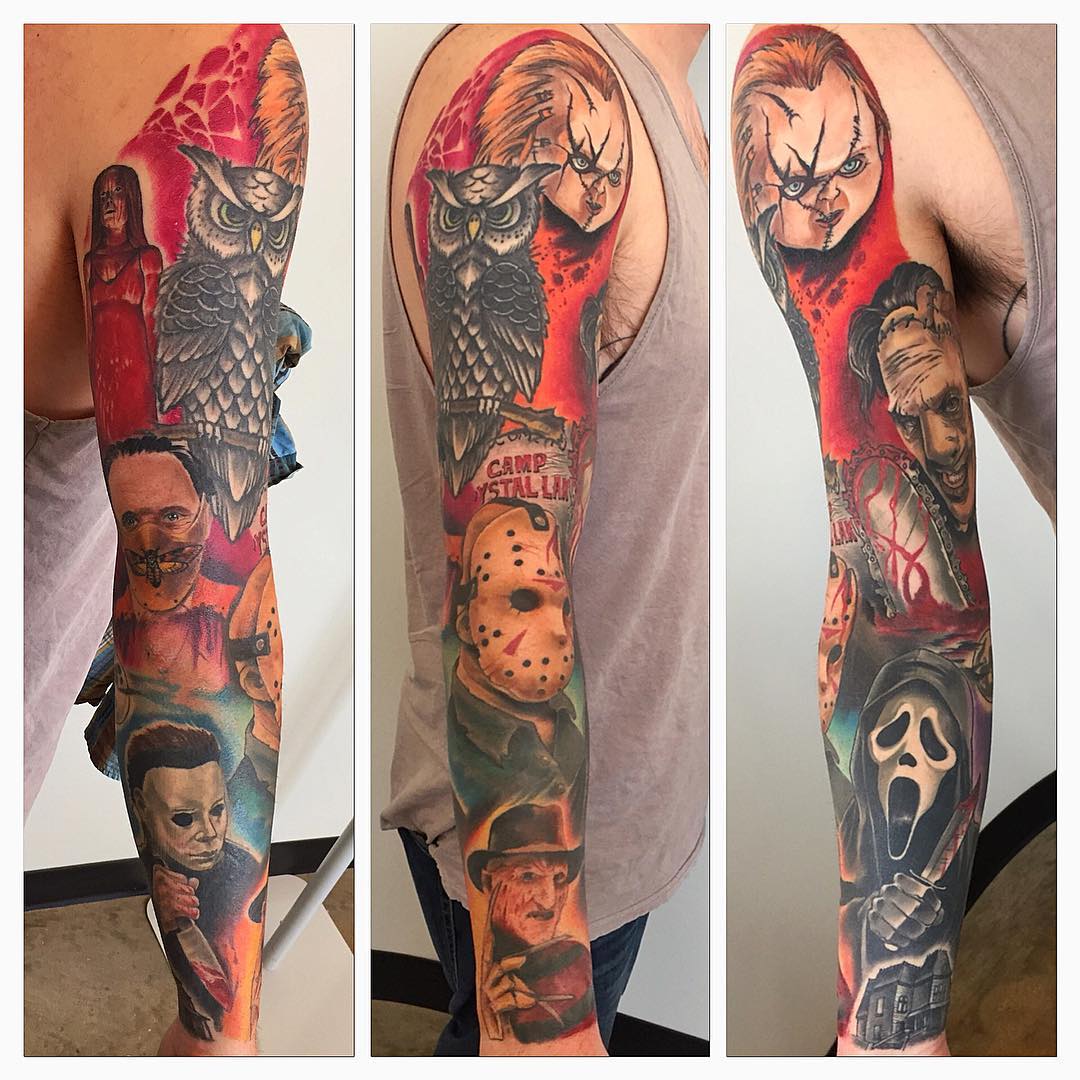 Horror Themed Sleeve Tattoo by Chad Lavers at Crimson Empire Tattoo in Edmonton Alberta Canada