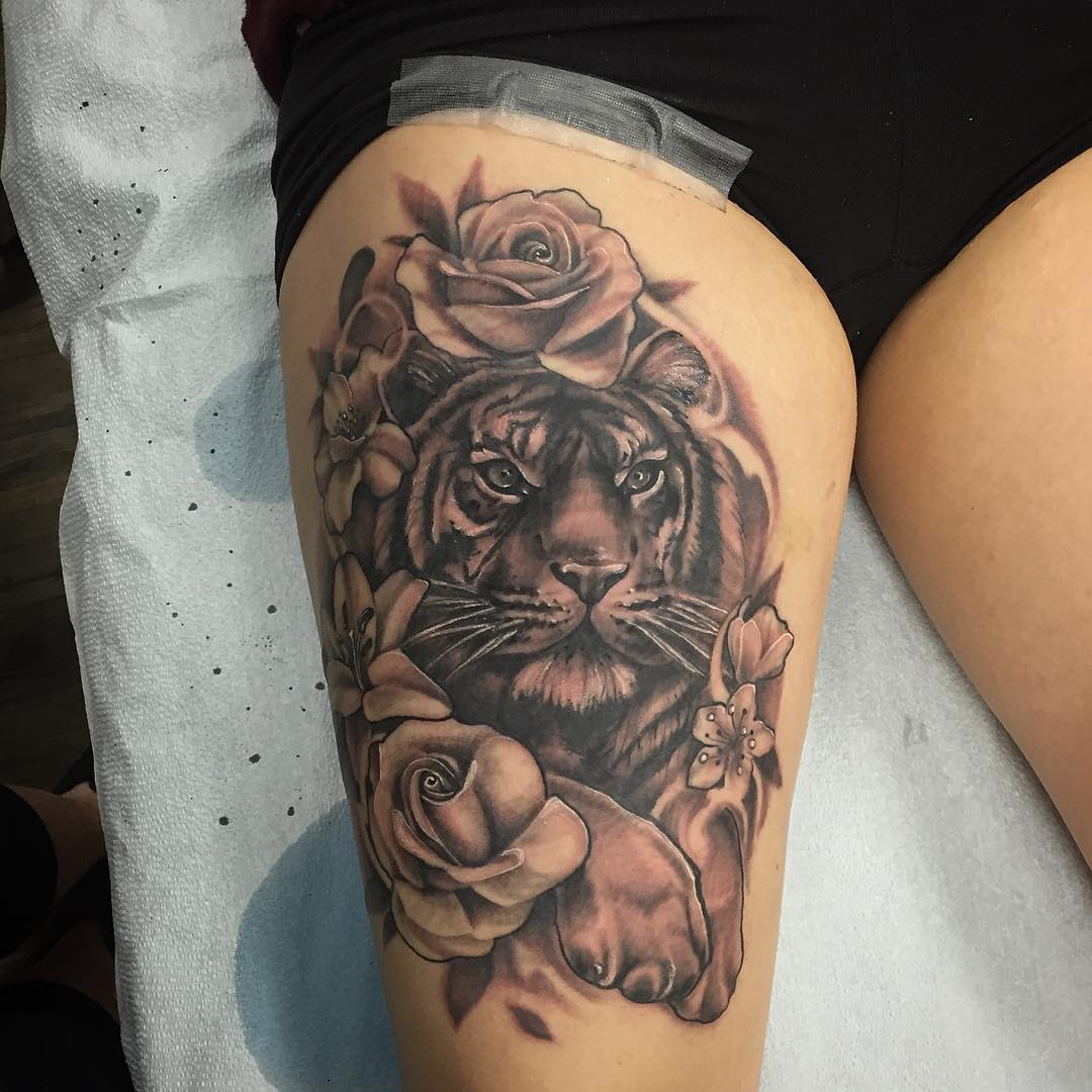 Tiger and Roses Tattoo by Sarah Michelle at Black Gold Tattoo Co in Edmonton Alberta Canada