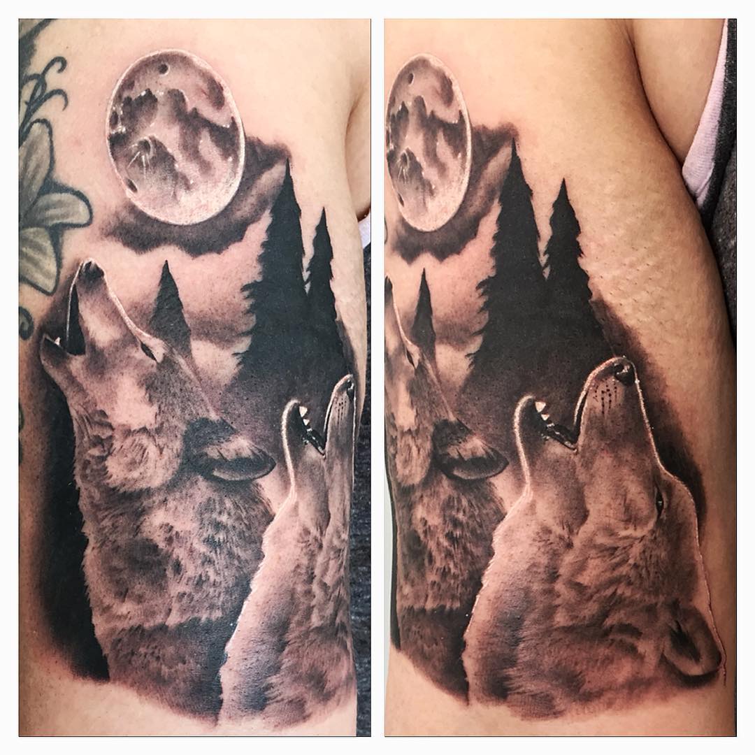 Howling Wolves Tattoo by Chad Lavers at Crimson Empire Tattoo in Edmonton Alberta Canada
