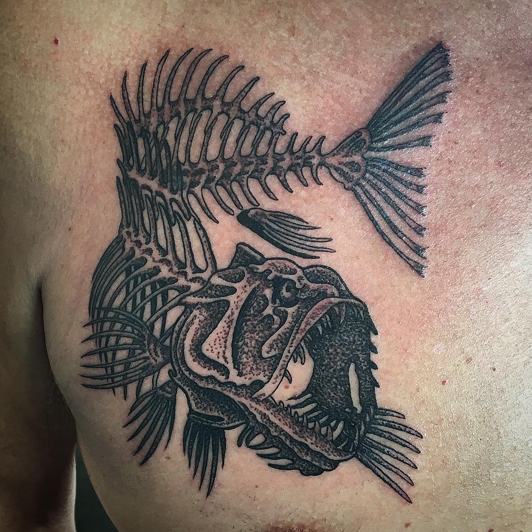 Fish Skeleton Tattoo by Dale Moostoos at Crimson Empire Tattoo in Edmonton Alberta Canada