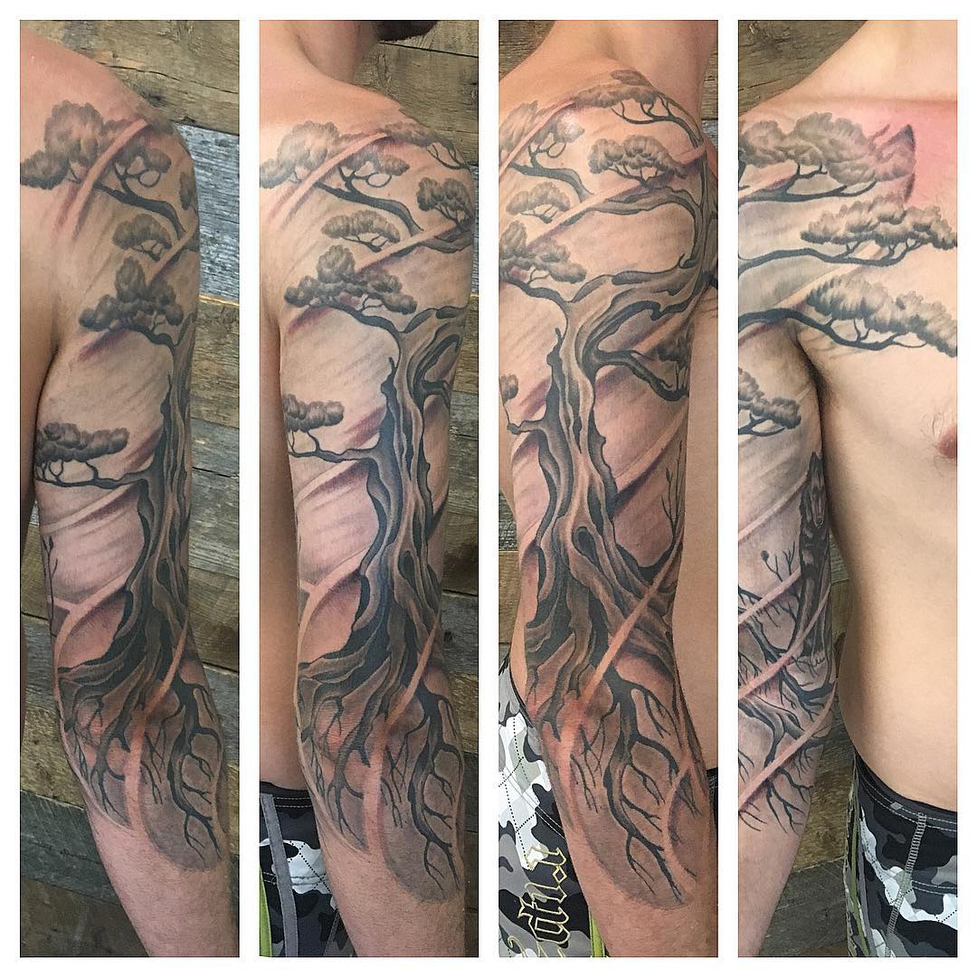 Bonsai Tree Sleeve by Dale Moostoos at Crimson Empire Tattoo in Edmonton Alberta Canada