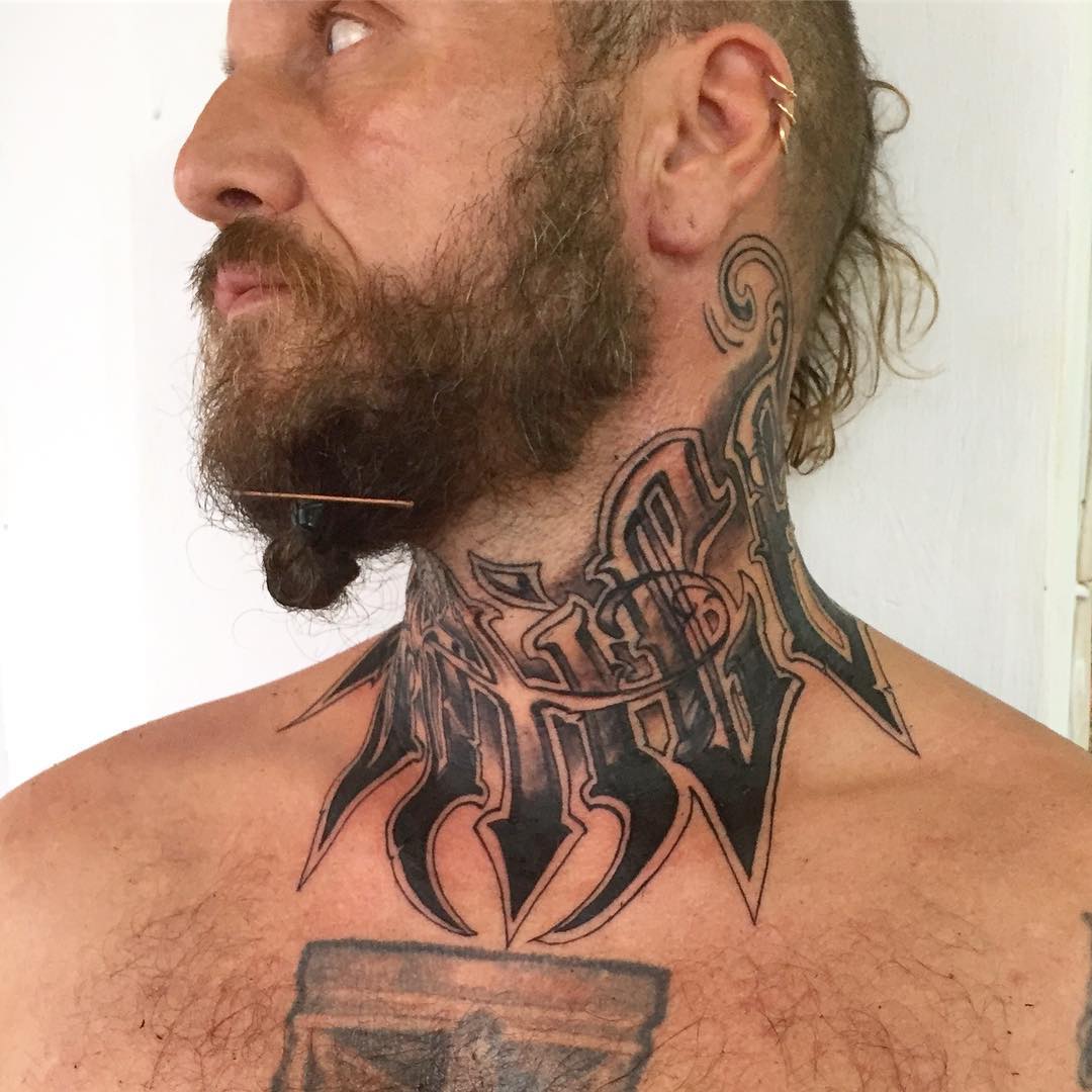 Script Throat Tattoo by Amber Strange at Black Gold Tattoo Co in Edmonton Alberta Canada