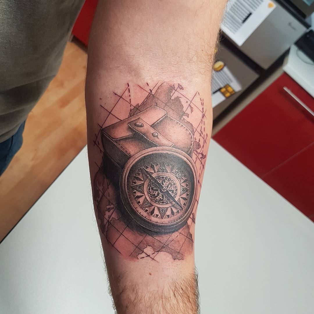 Compass and Map Tattoo by Kevin Sherritt at Black Gold Tattoo Co in Edmonton Alberta Canada