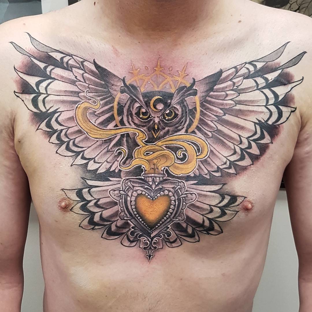 Owl and Sacred Heart Tattoo by Sasha Day at Black Gold Tattoo Co in Edmonton Alberta Canada