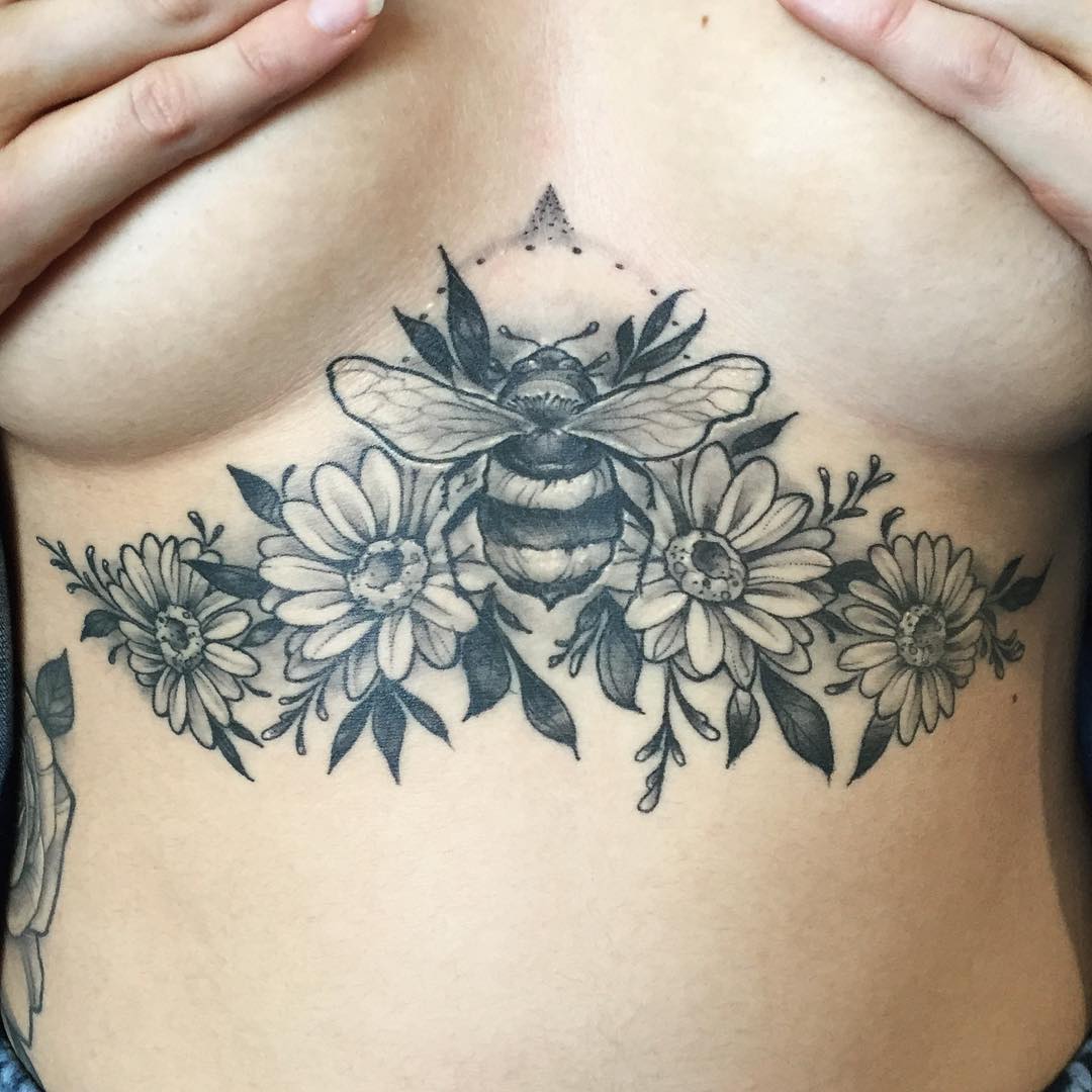 Bee and Flowers Sternum Tattoo by Sarah Michelle at Black Gold Tattoo Co in Edmonton Alberta Canada