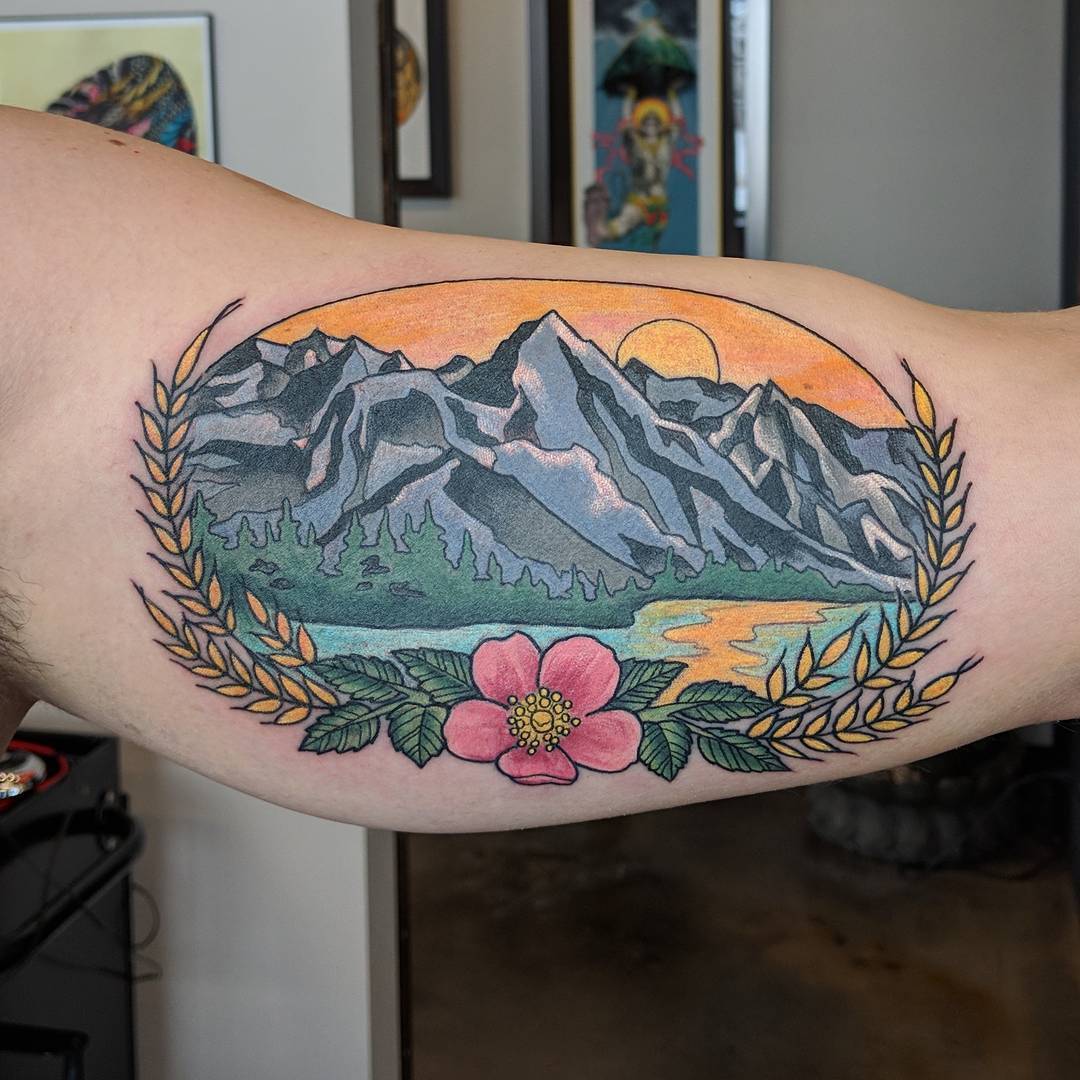 Mountain Scenery Tattoo by Sheila Anderson at Crimson Empire Tattoo in Edmonton Alberta Canada