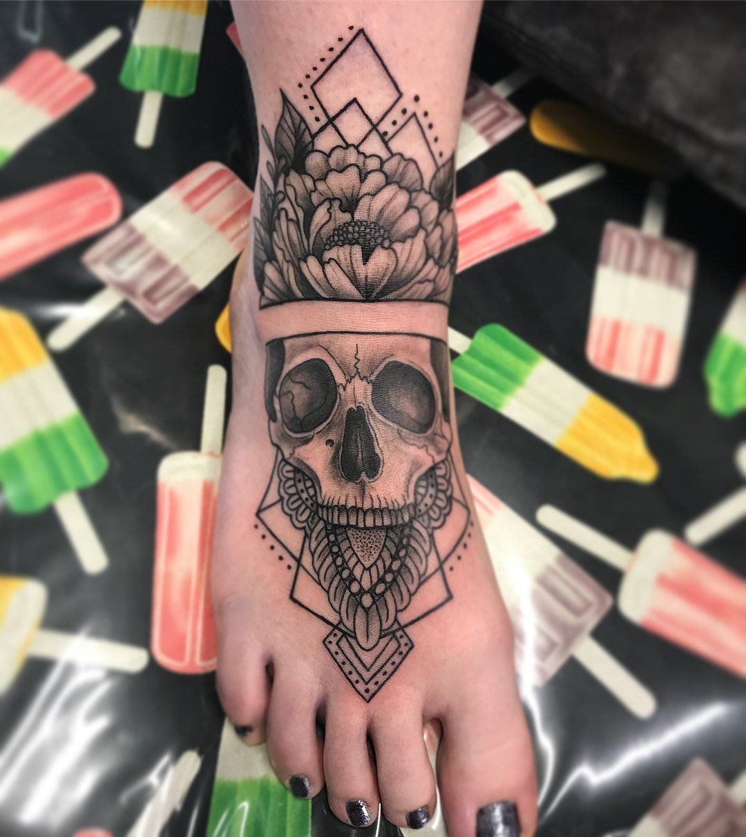 Skull and Flower Geometric Tattoo by Jess Alther at Black Gold Tattoo Co in Edmonton Alberta Canada