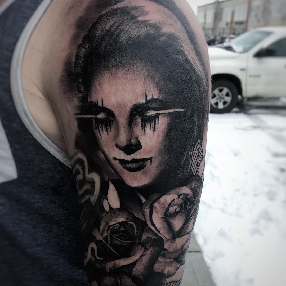 Girl Portrait and Roses Tattoo by Alan Coated at Black Gold Tattoo Co in Edmonton Alberta Canada
