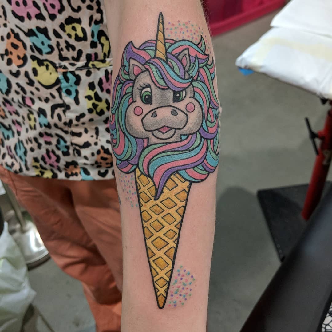 Unicorn Ice Cream Tattoo by Sheila Anderson at Crimson Empire Tattoo in Edmonton Alberta Canada