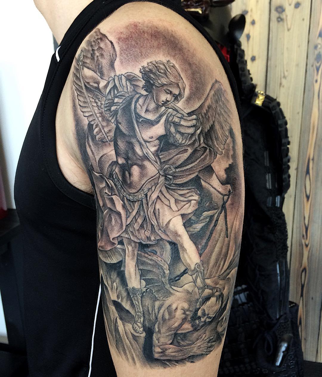 St. Michael Tattoo by Chad Lavers at Crimson Empire Tattoo in Edmonton Alberta Canada