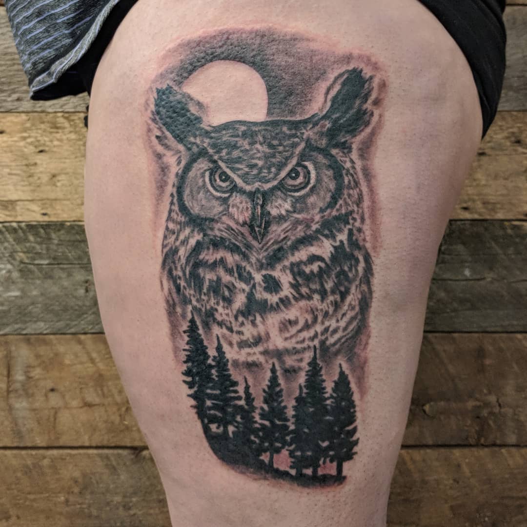 Owl Tattoo by Sheila Anderson at Crimson Empire Tattoo in Edmonton Alberta Canada