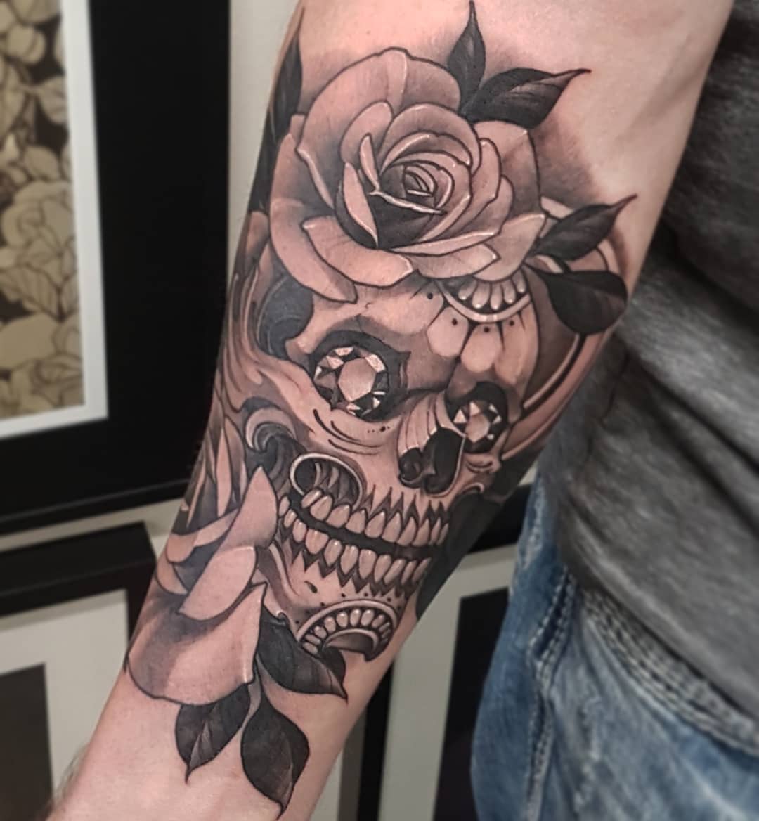 Sugar Skull and Rose Tattoo by Sasha Day at Black Gold Tattoo Co in Edmonton Alberta Canada