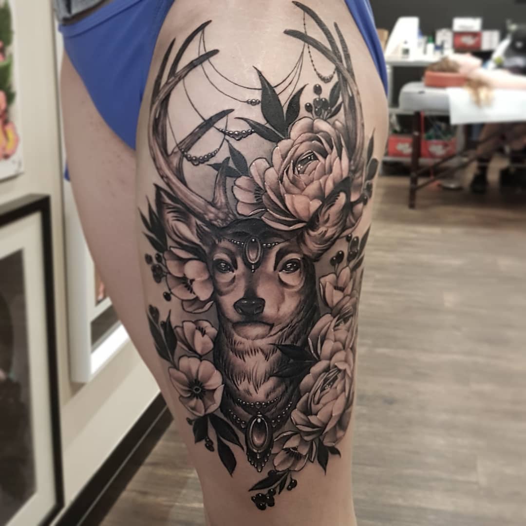 Deer Jewelry and Peony Tattoo by Sasha Day at Black Gold Tattoo Co in Edmonton Alberta Canada