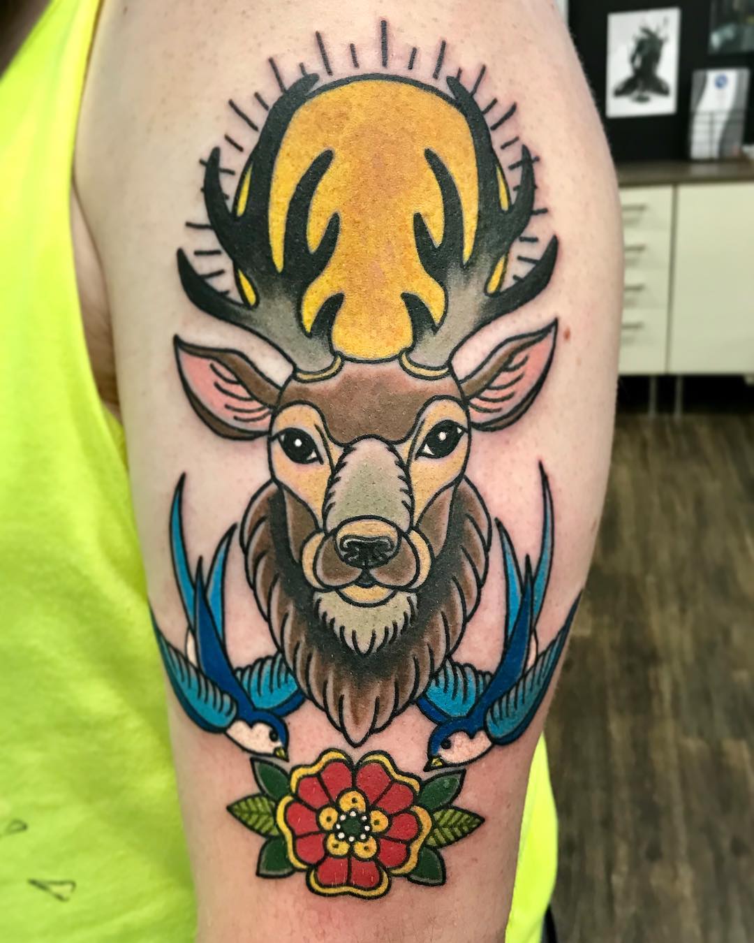 Deer and Sparrows Tattoo by Jess Alther at Black Gold Tattoo Co in Edmonton Alberta Canada