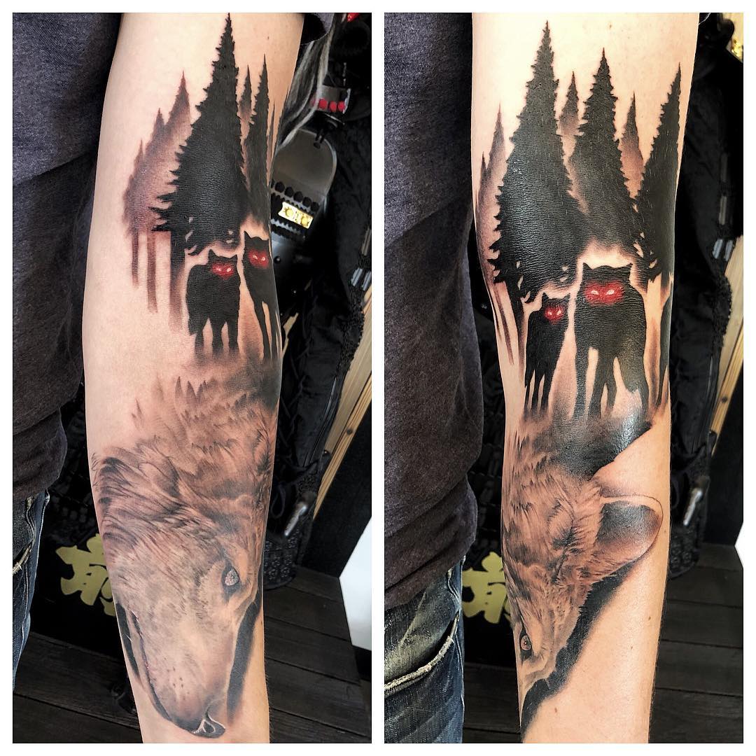 Wolf and Ghost Wolf Tattoo by Chad Lavers at Crimson Empire Tattoo in Edmonton Alberta Canada