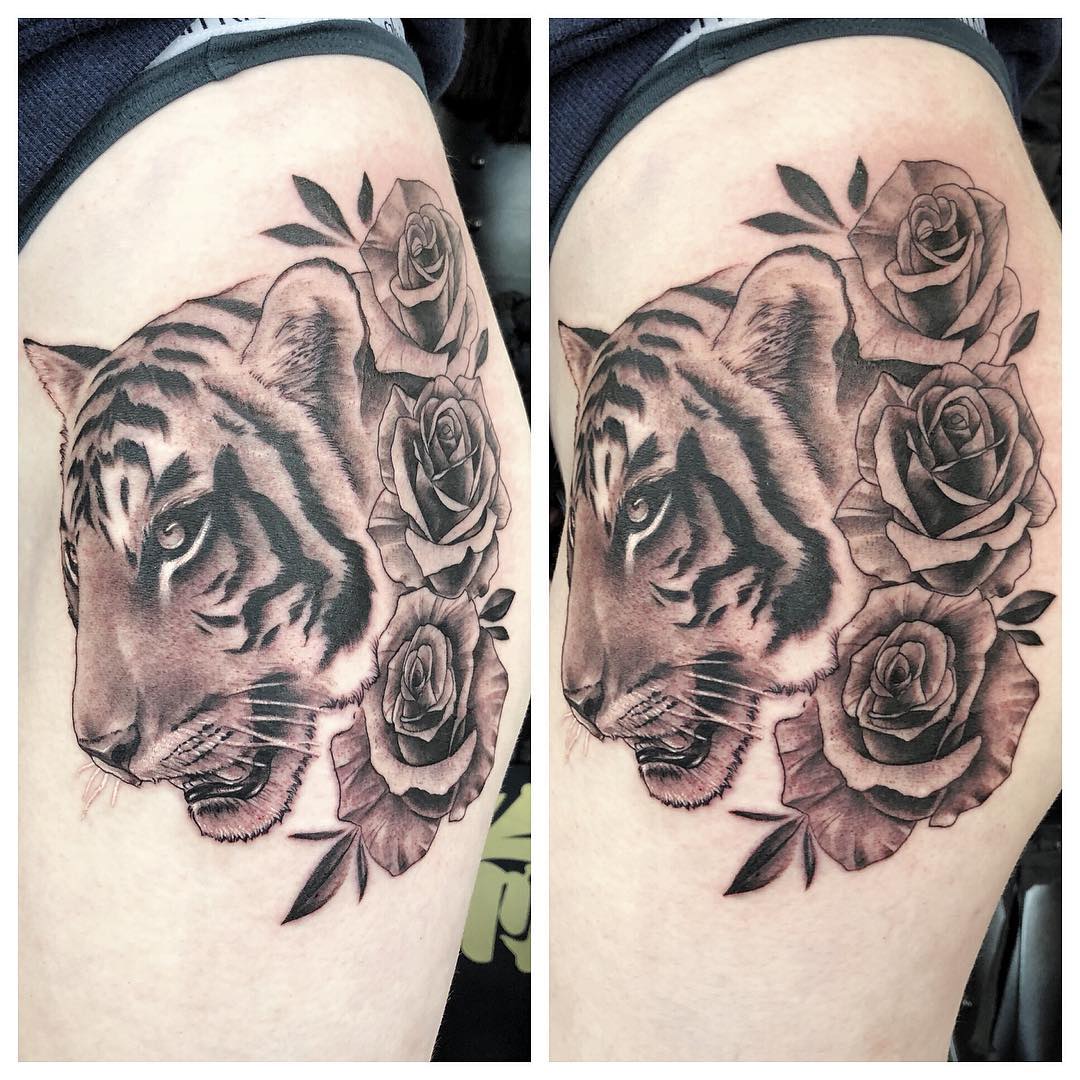 Tiger and Roses Tattoo by Chad Lavers at Crimson Empire Tattoo in Edmonton Alberta Canada