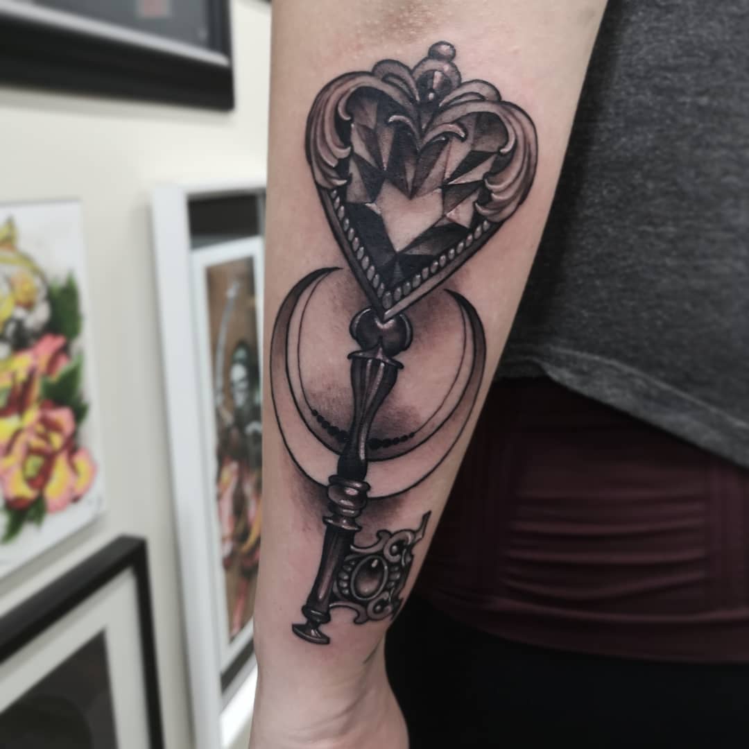 Key and Moon Tattoo by Sasha Day at Black Gold Tattoo Co in Edmonton Alberta Canada