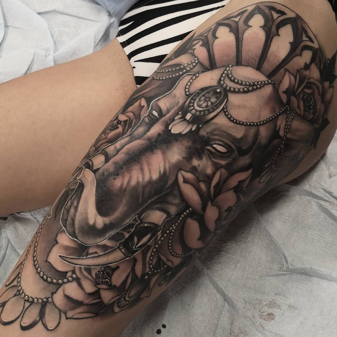 Elephant Jewelry and Peony Tattoo by Sasha Day at Black Gold Tattoo Co in Edmonton Alberta Canada